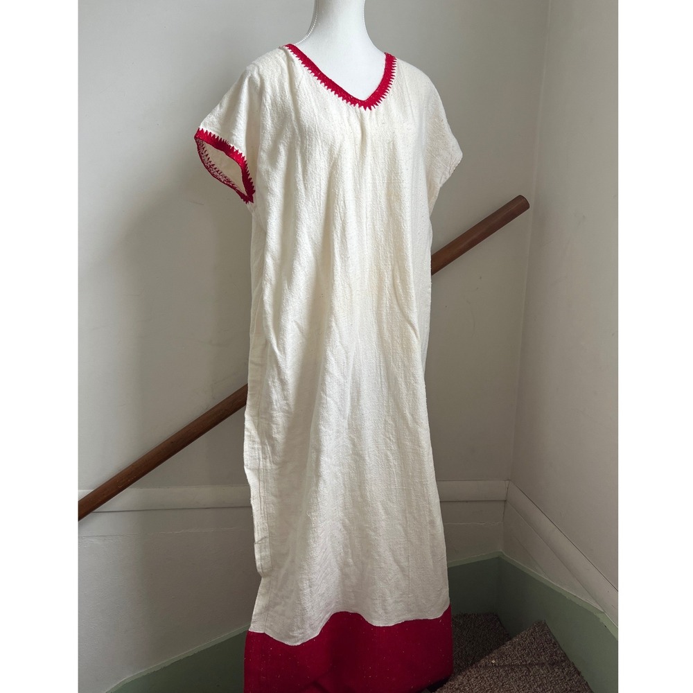 Vintage Handmade Kaftan Dress OS XL White Red Cotton Embroidered Maxi Gown Boho
